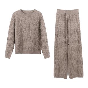 Deessesicile知性书卷气羊毛针织衫绞花套头圆领毛衣针织长裤套装