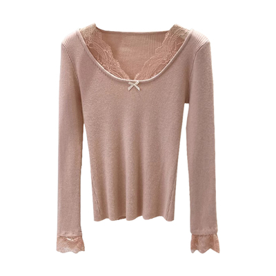 大码蕾丝V领针织衫毛衣打底上衣