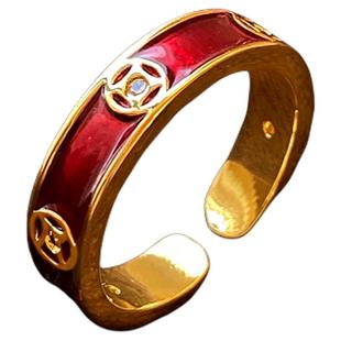 红色晕染金色钱币开口戒指女轻奢高级感闺蜜食指指环2026新款爆款