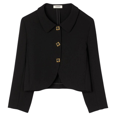 季末6折SANDRO2025秋冬女装法式黑色翻领V型下摆七分袖短款外套