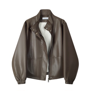 美式复古PU皮衣机车服短外套女冬装加绒加厚保暖宽松休闲夹克上衣