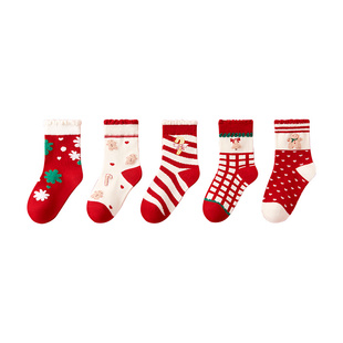 儿童红色圣诞棉袜新年袜子秋冬加厚纯棉高筒袜女童宝宝本命年童袜