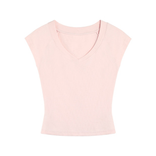 pusumede 四色V领针织短袖T恤女夏季气质修身显瘦短款小飞袖上衣