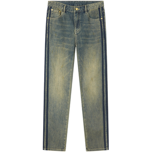 BM美式复古牛仔裤2024新款男潮牌高端撞色后袋条纹休闲裤子修身夏