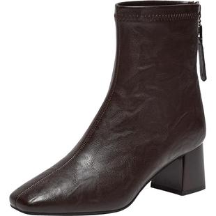 【摩卡派对】百思图25冬商场新款法式加绒方头小踝靴女短靴马丁靴