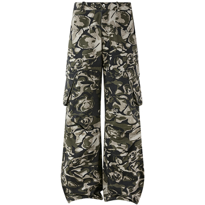 PASET美式复古迷彩牛仔裤玫瑰印花宽松直筒口袋折叠拼接男工装裤