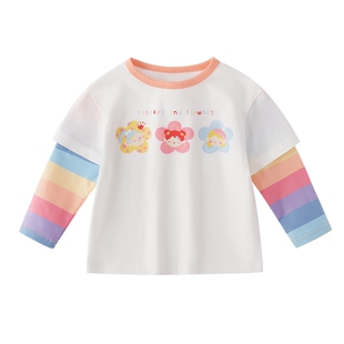 女童t恤长袖春款儿童时尚假两件春季衣服3岁女宝宝彩虹圆领上衣