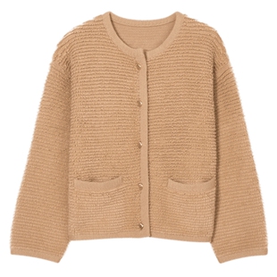 伊芙丽奥莱圆领拉圈圈小香风羊绒开衫2023秋装千金风休闲百搭毛衫