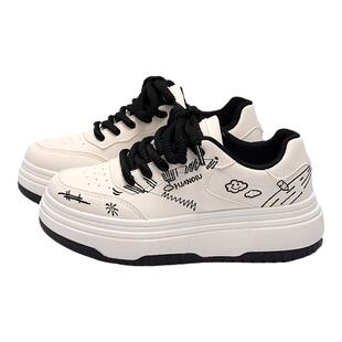 环球涂鸦厚底鞋子女款2026新款春秋女鞋ins潮百搭小白鞋休闲板鞋