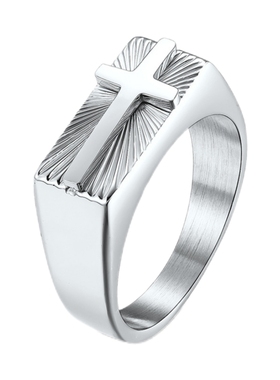 男女钛钢简约十字架圣光印章戒指