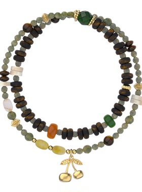 GOOGMO双层叠戴虎眼石玛瑙手串绿石榴石串珠小众设计感手链