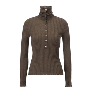 EVAOUXIU解构设计纽扣高领羊绒羊毛坑条亲肤显瘦针织套衫