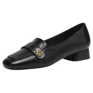 星期六乐福鞋女2025新款秋季山茶花英伦风黑色软底一脚蹬小皮鞋女