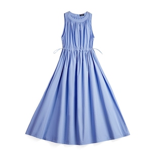 马登2025新款蓝色无袖背心抽绳收腰连衣裙长款连身百褶A字裙夏女