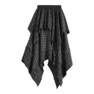 gagaopt格纹不规则拼接中长款半身裙女高腰毛边复古假两件A字裙女