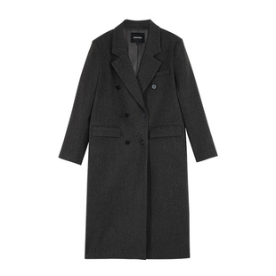 pusumede【现货7折】雅致通勤 西装领毛呢外套双排扣长款呢子大衣