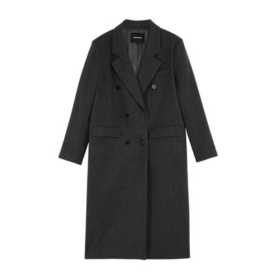 pusumede【现货7折】雅致通勤 西装领毛呢外套双排扣长款呢子大衣