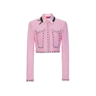 lefame拉飞姆浪漫手工蝴蝶结装饰粉色短蕾丝上衣