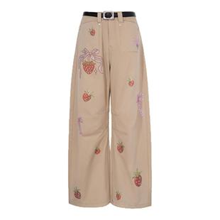 【张真源同款】TCH草莓烫钻甜辣美拉德风阔腿宽松牛仔裤休闲裤女