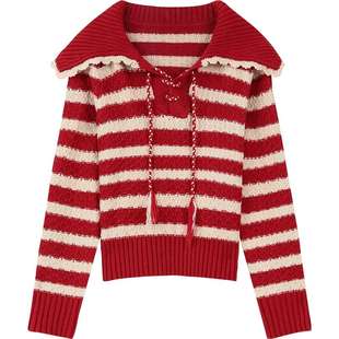 妖精的口袋红色条纹慵懒风毛衣女2025年冬季新款千金感新年穿搭