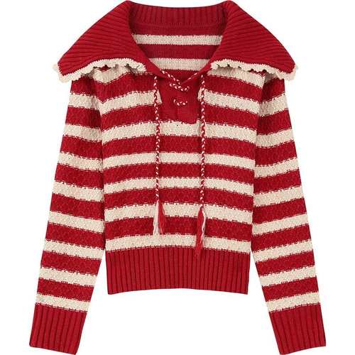 妖精的口袋红色条纹慵懒风毛衣女2025年冬季新款显瘦上衣新年穿搭