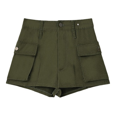 夏日工装军绿色多口袋短裤女