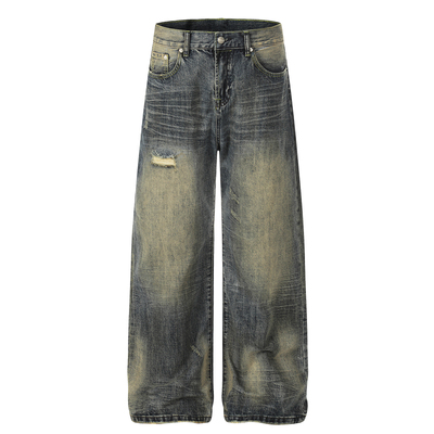 女士美式复古做旧阔腿牛仔裤