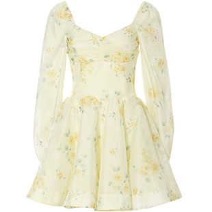 sincethen法式黄色连衣裙小香风裙子高级感A字裙方口领碎花短裙女