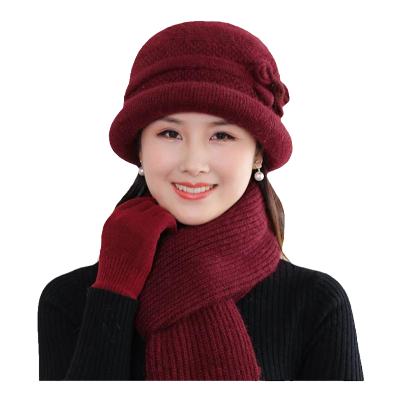 本命年红围巾妈妈保暖帽子围巾手套三件套一体女秋冬季老年人奶奶