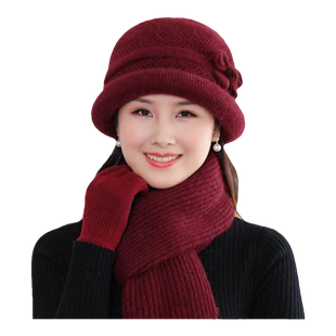本命年红围巾妈妈保暖帽子围巾手套三件套一体女秋冬季老年人奶奶
