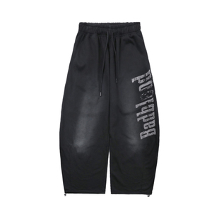 韩国badblood字母印花卫裤女宽松休闲长裤水洗做旧阔腿裤子弯刀裤