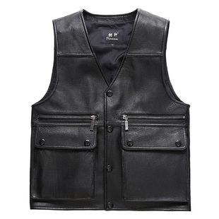 真皮马甲男士头层皮马夹多口袋记者服中老年秋冬户外摄影钓鱼坎肩