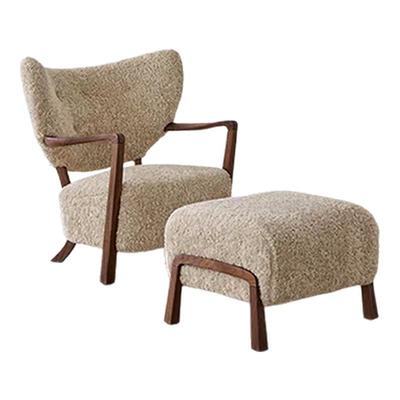 已夏伍尔夫休闲椅单人椅子中古风实木法式羊羔绒单人沙发椅