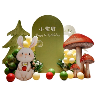 男孩女孩蘑菇兔子周岁生日布置kt板满月百日宴布置背景墙气球定制