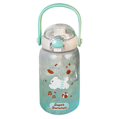 原创蓝色拎手西瓜小狗大容量吸管耐高温塑料水杯tritan材质随手杯