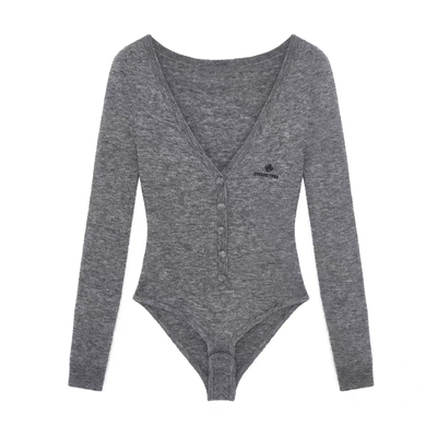 V领钮扣紧身弹力外穿针织连体衣