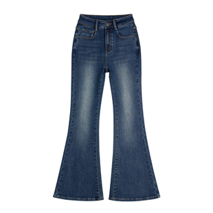 王家有鱼秋冬新款加绒复古蓝微喇牛仔裤不贴腿气质时尚显瘦女裤子