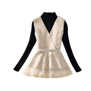 马甲套装女2026年早春新款荷叶边钉珠网纱马夹配长袖针织毛衣套装