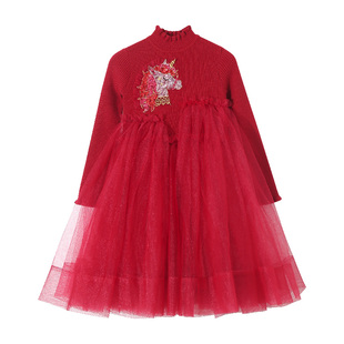 女童连衣裙2026新款儿童红色毛衣公主裙新年衣服拜年服裙子礼服裙
