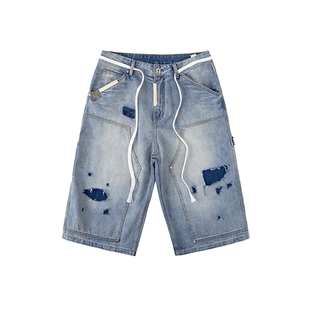 8FF/25苏新皓同款洗水做脏旧破坏工装伐木牛仔七分裤短裤中裤潮