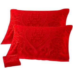 大红色枕巾一对纯棉加大加厚枕头巾婚庆提花喜字纱布结婚枕巾春季