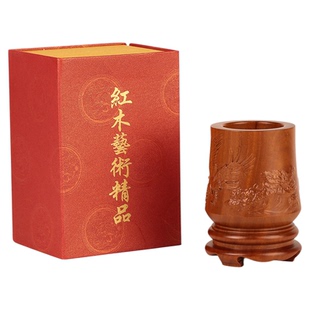浮雕雄鹰展翅红木笔筒 实木雕刻红酸枝木质 中式手工艺品摆件清仓