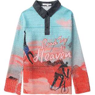 IT PONDER.ER女装长袖polo衫新款时髦度假风满幅图案上衣HKPS01XM