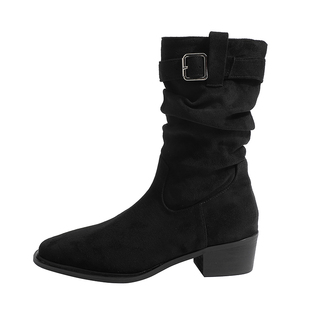 真皮~骄屿复古褶皱堆堆靴女2025新款皮带扣马丁靴方头美拉德短靴