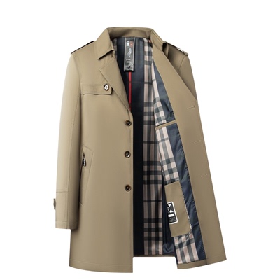 高端休闲风衣外套男中长系带大衣