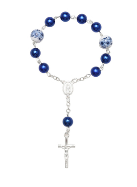 热销粉色蓝色陶瓷花朵手链十字架手持念珠手串饰品后视镜挂饰