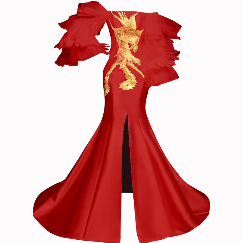 红色羽毛演出礼服女端庄大气舞台走秀夸张旗袍长款优雅中国风性感