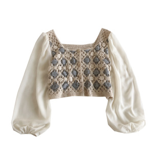 2022春夏新款方领镂空钩花设计感雪纺灯笼袖宽松短款衬衫上衣女