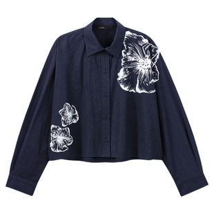 新品首降|Maje2026夏季新款女装法式白色花卉深蓝色翻领长袖衬衫