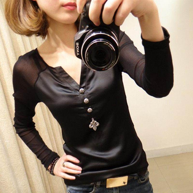 2019春秋装新款韩版修身V领网纱长袖T恤女百搭显瘦打底小衫上衣潮|msdalam kategori Butik wanita / wanita, baju lace/baju chiffon - dari Buy2taobao.com untuk memberikan perkhidmatan ejen Taobao profesional membeli